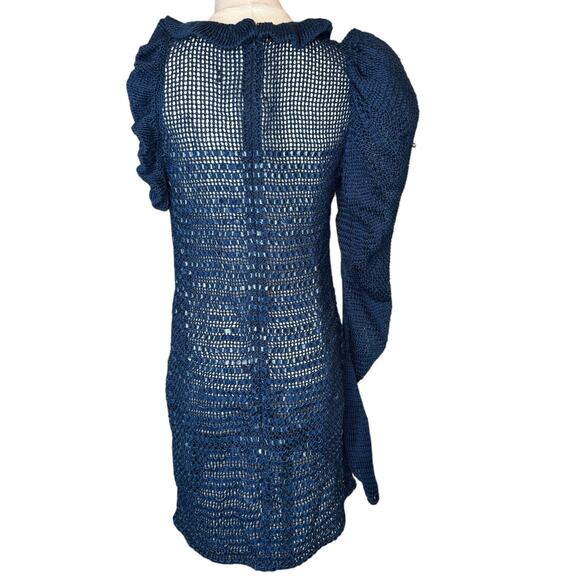 Magda Butrym Crochet Cotton and Leather One Sleeve Mini Dress in Curaçao Navy - Picture 4 of 9